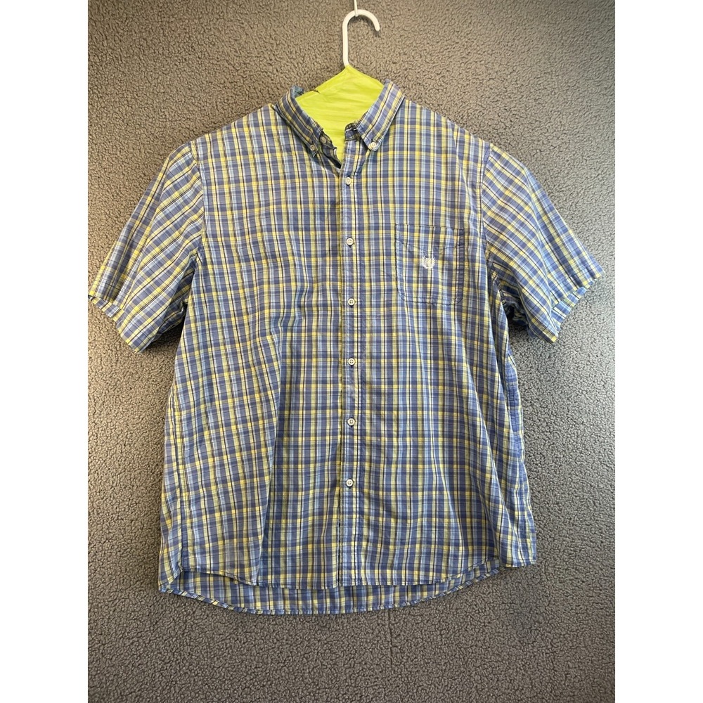 Chaps Blue Plaid Button Up Shirt Men's Size XXL - Short Sleeve Crest Easy Care